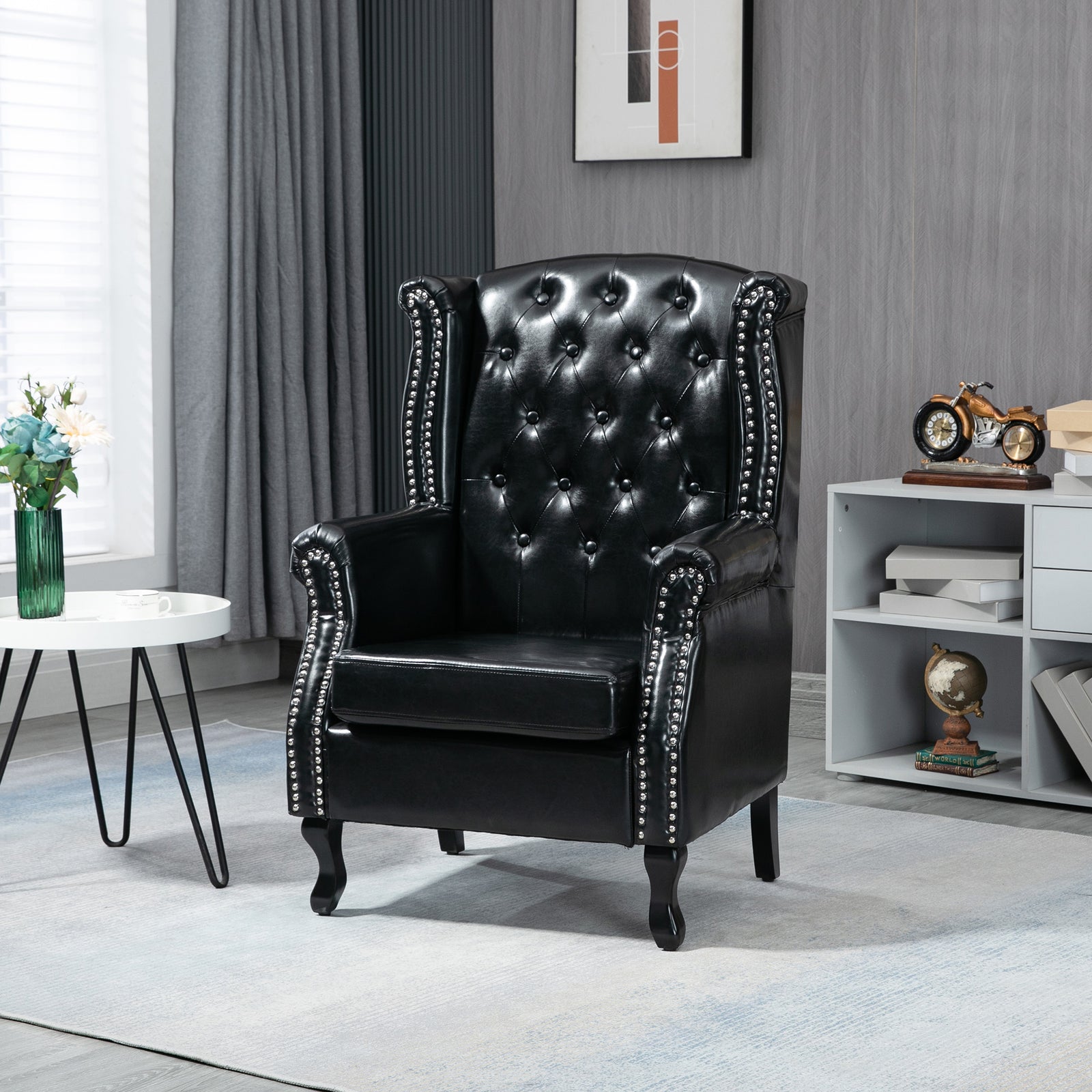 Chesterfield Style Wing Back Armchair Tufted Accent Chair | One Size | Black