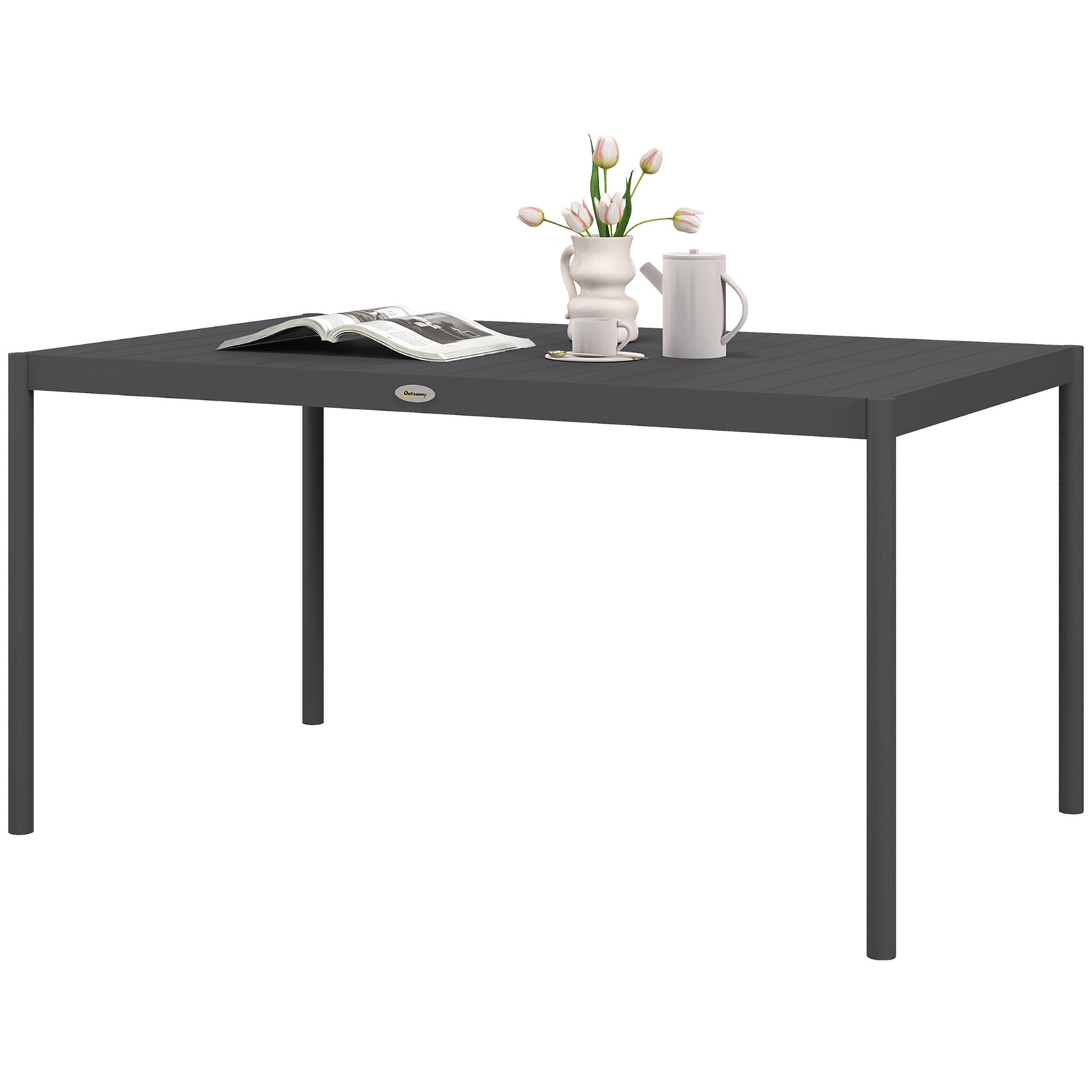 145cm Garden Table For 6, Slatted Aluminum Top, Dark Grey