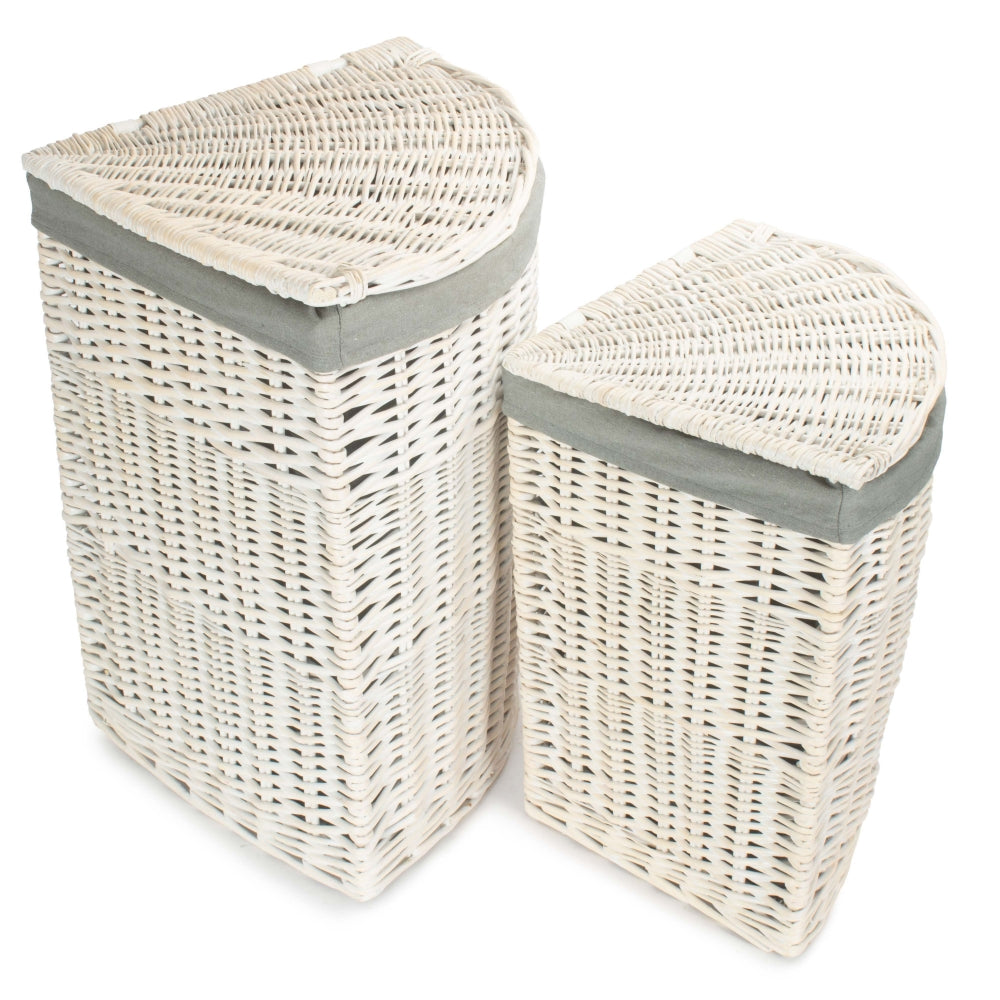 Corner White Wash Laundry Hamper With Grey Sage Lining | Small