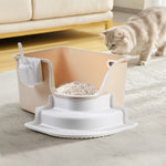 Semi-enclosed Cat Litter Box With Staircase And Scoop Open Top Design, Easy To Clean