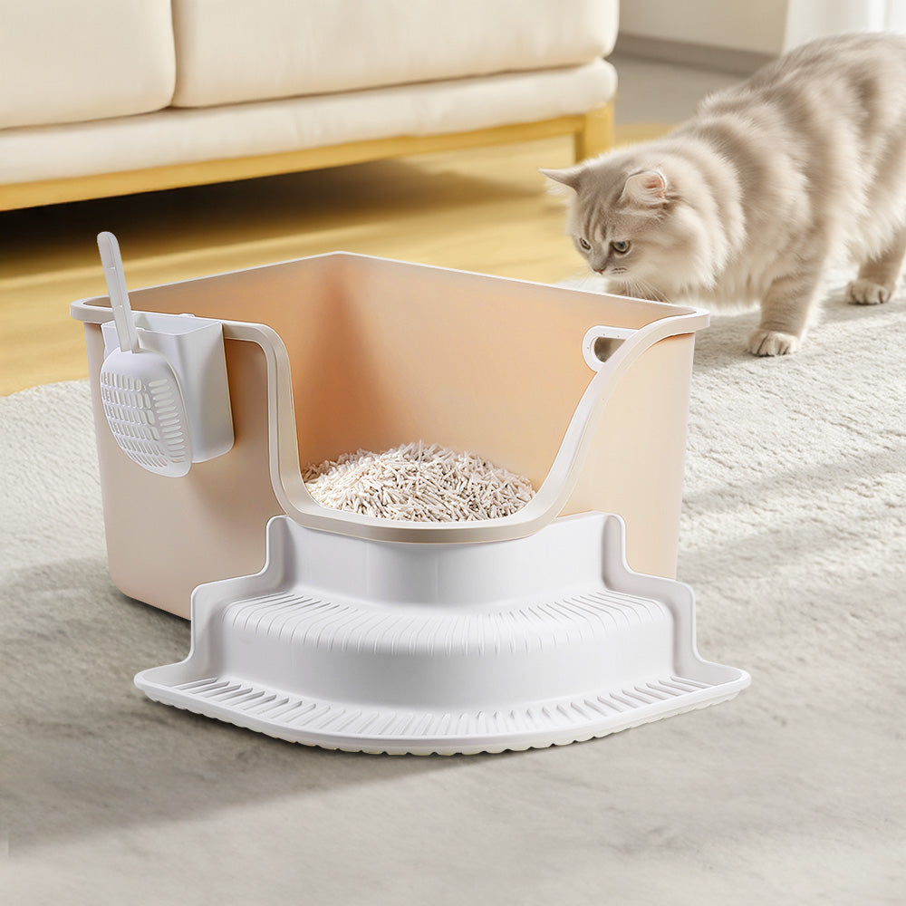 Semi-enclosed Cat Litter Box With Staircase And Scoop Open Top Design, Easy To Clean