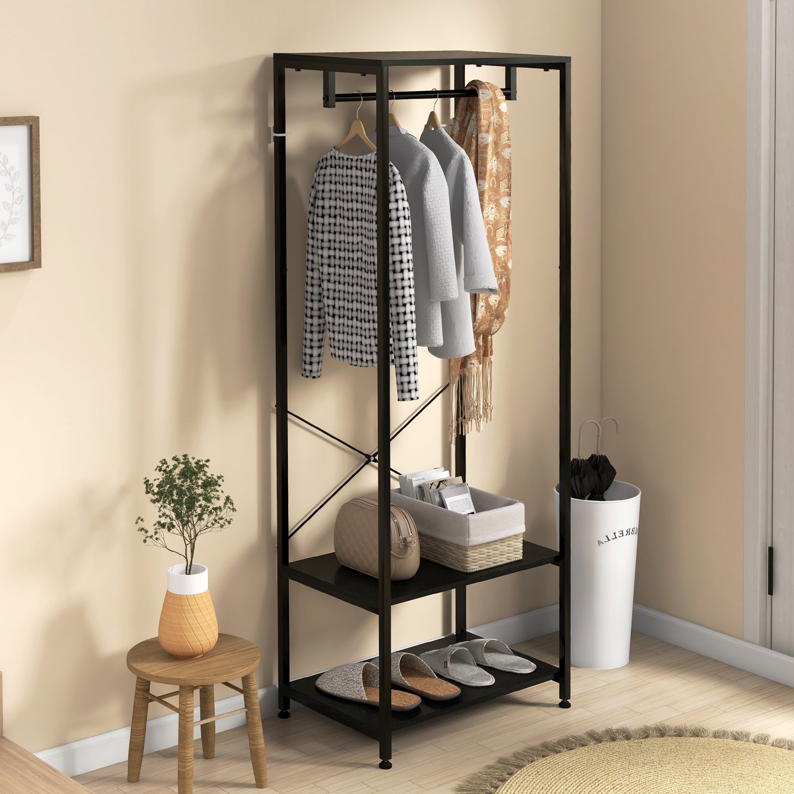 Coat Rack 2-in-1 Clothes Stand With Shoe Storage For Hallway | One Size | Black