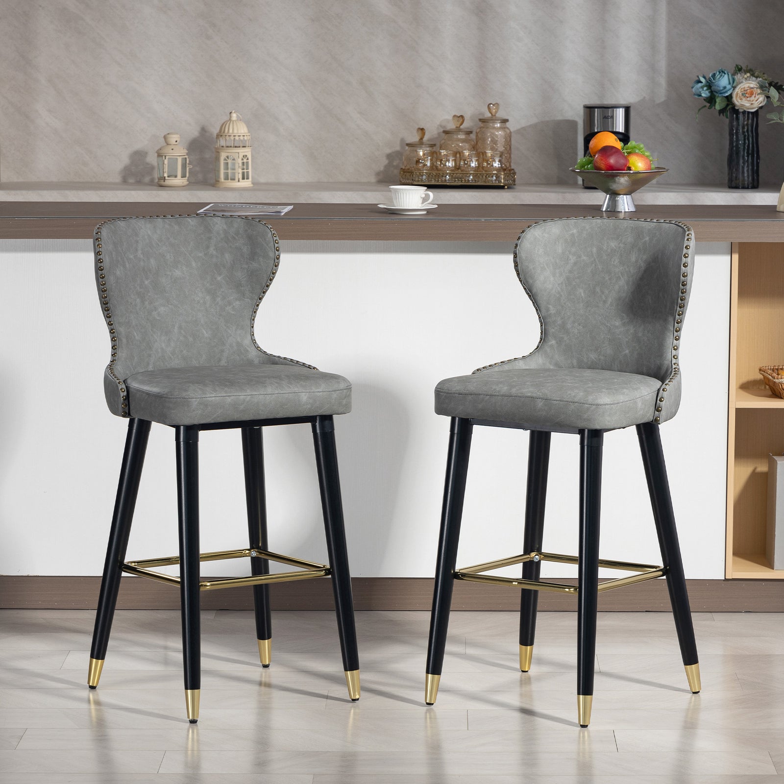 Bar Stools Set Of 2, Dining Stools With Backrest, Footrest, Grey