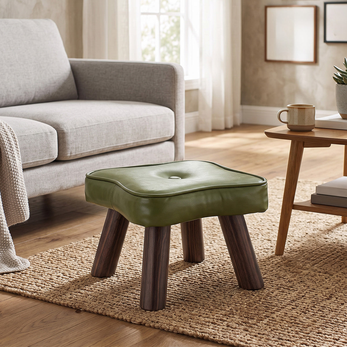 Pu Upholstered Footstool With Wooden Legs