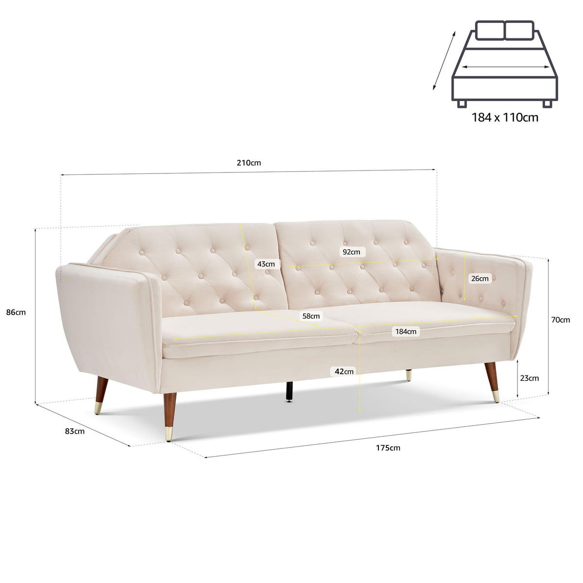 Victoria Velvet Sofa Bed 3 Seater | Cream