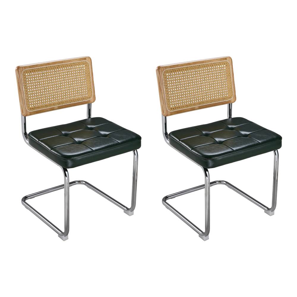 Set Of 2 Rattan And Pu Leather Dining Chairs With Wooden Frame And Metal Legs – Vintage-style | Green