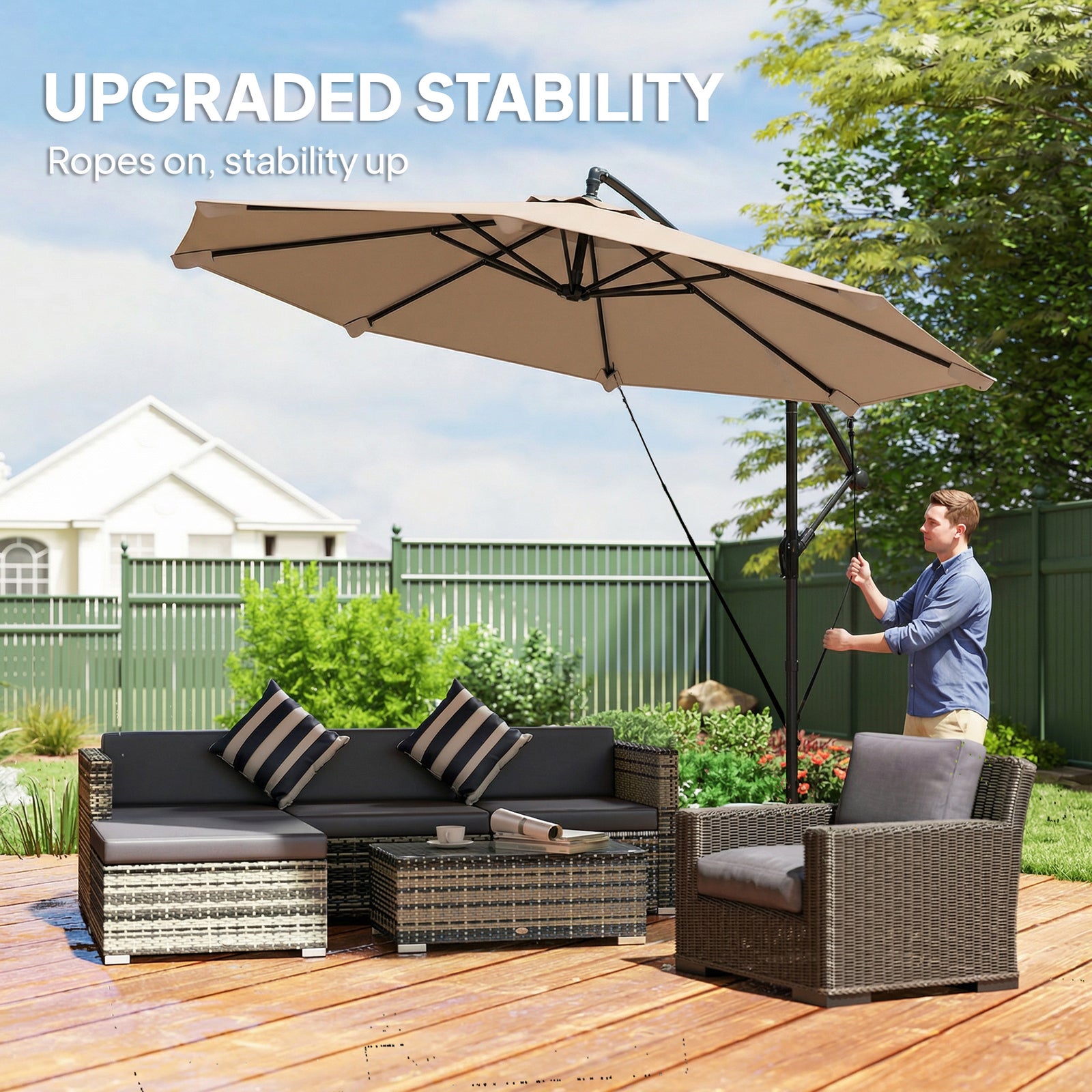 3 M Cantilever Parasol, Offset Umbrella With Cover And Wind Ropes | Khaki