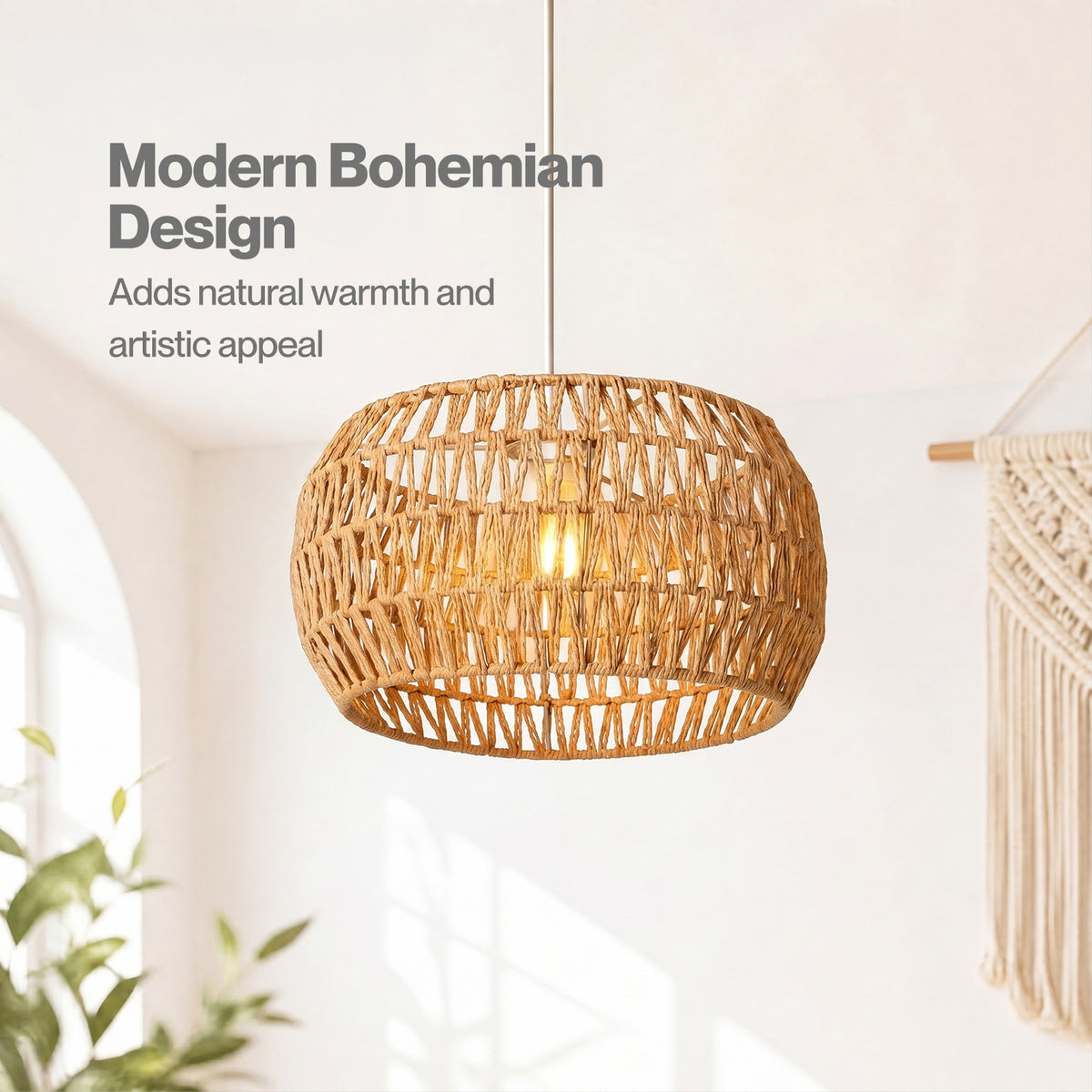 Emitto Lamp Shade Boho Paper Rope Light Shade Metal Frame For Bedroom Yellow