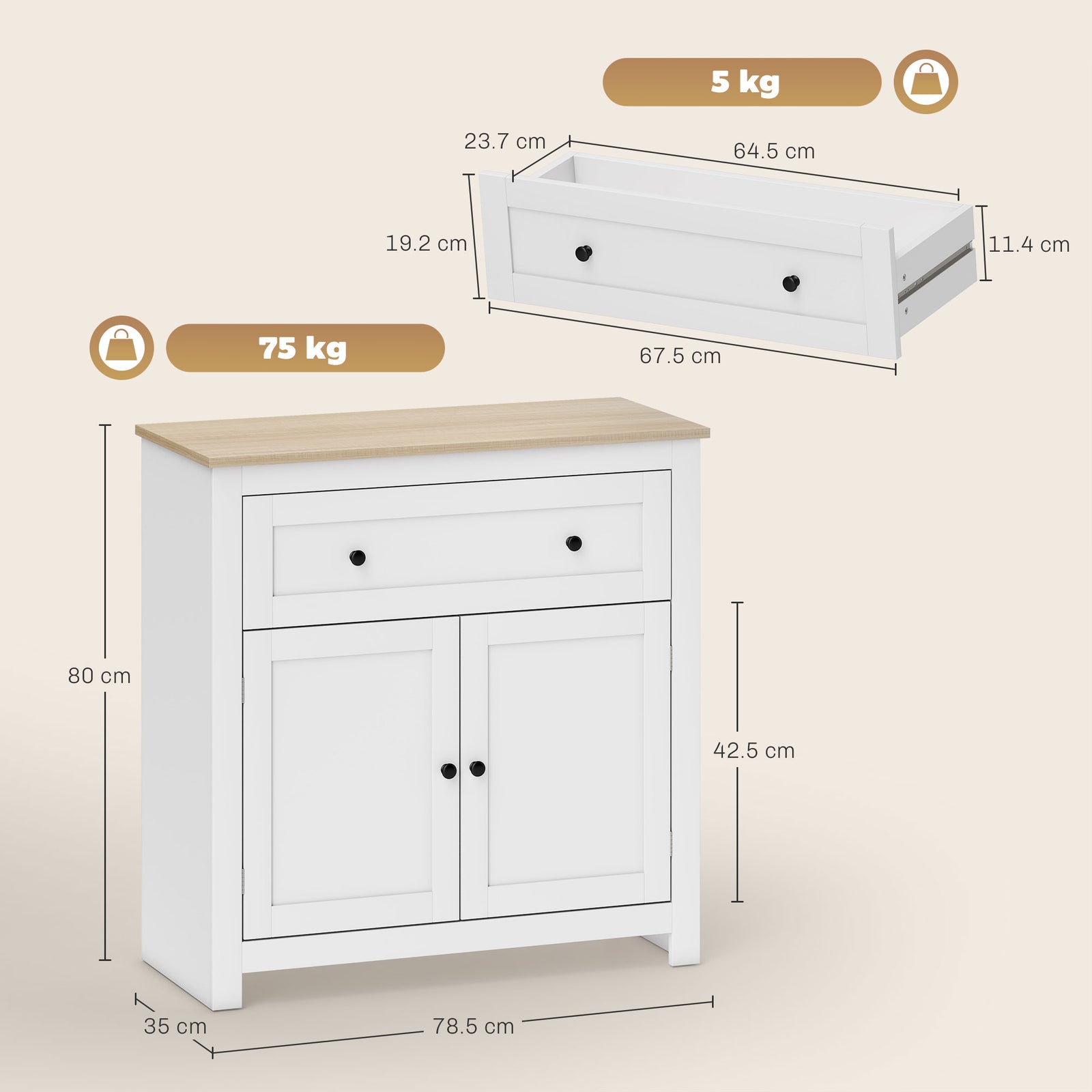 Sideboard Storage Cabinet With Adjustable Shelf, Drawer | White