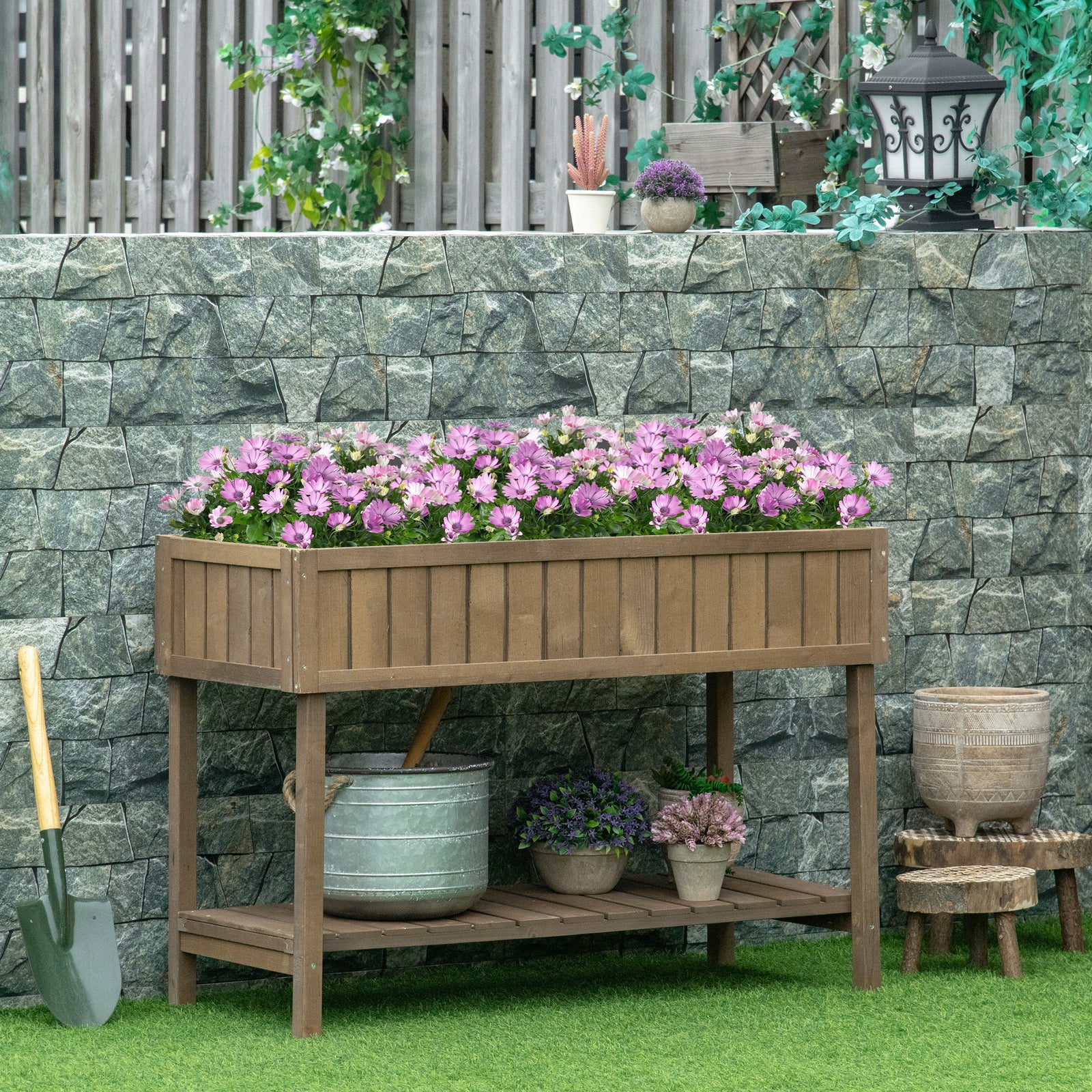 Elevated Wooden Garden Planter Stand With Shelf | Brown