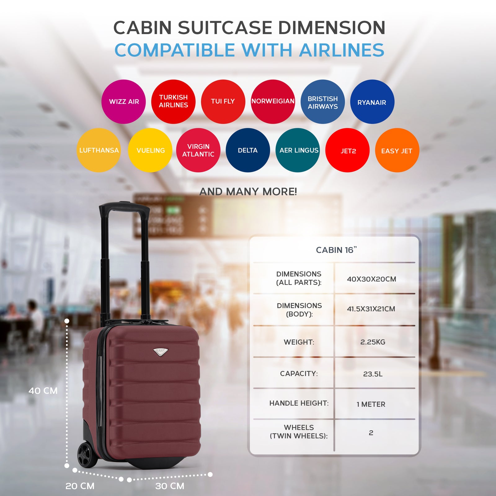 45x36x20cm Cabin Carry On Luggage with Medium Case and Large Size Check-in Hold Suitcase | Cabin | Burgundy