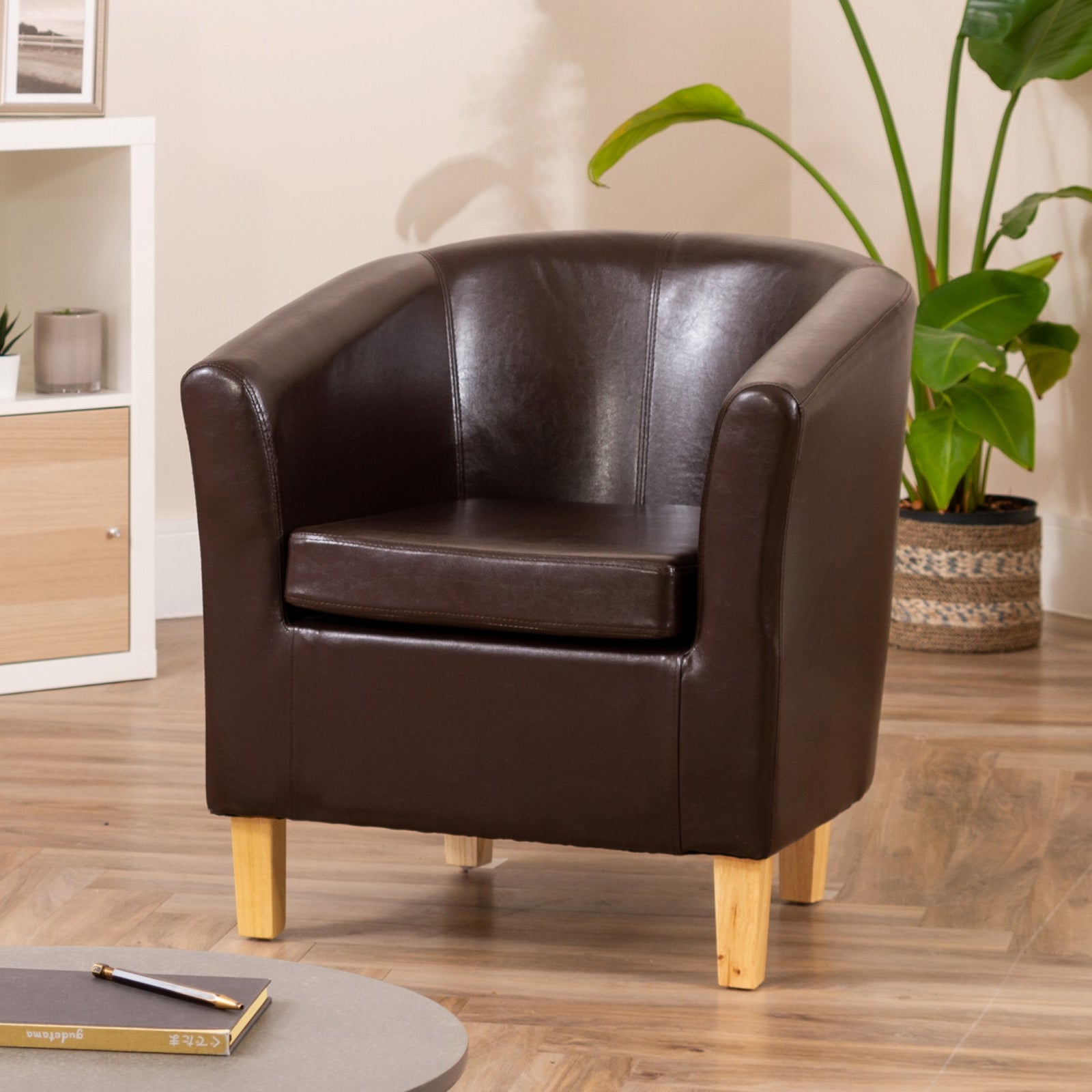 Meriden 68cm Wide Pu Vegan Leather Accent Tub Chair Supplied With Both Light And Dark Wooden Legs | Brown