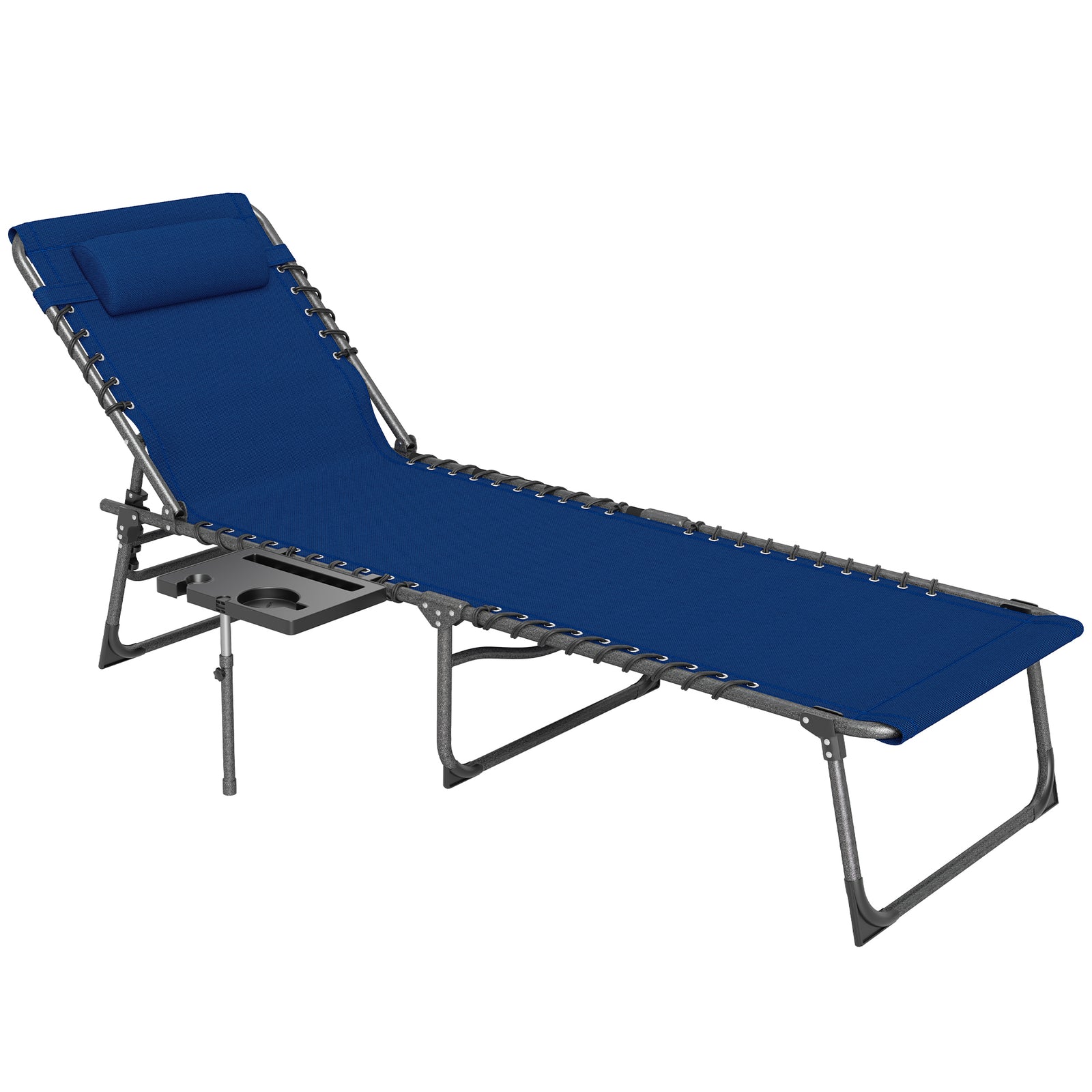 Folding Sun Lounger With 5-level Reclining Back, Side Table | Dark Blue