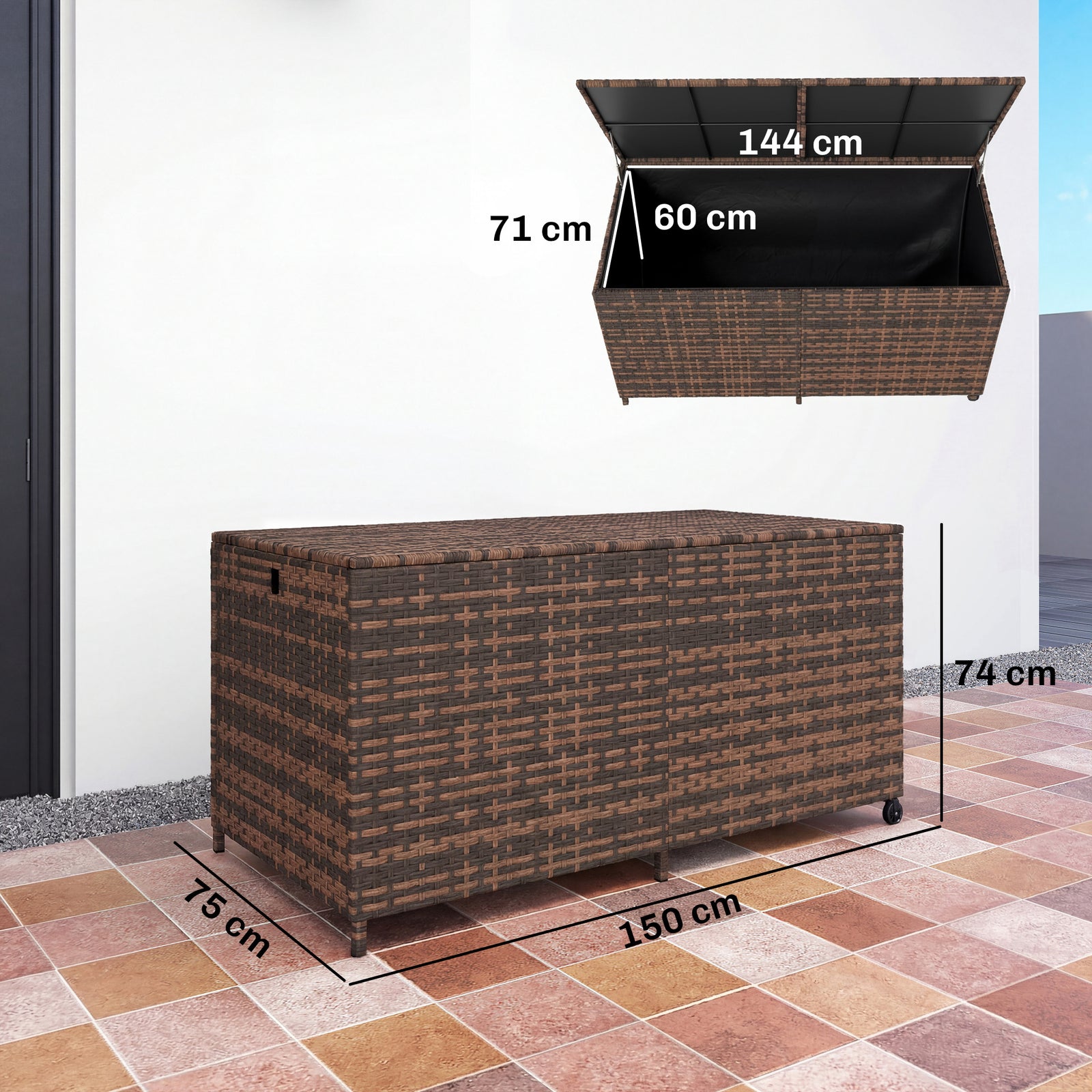 650l Garden Storage Box With Wheels, Waterproof Liner | Brown