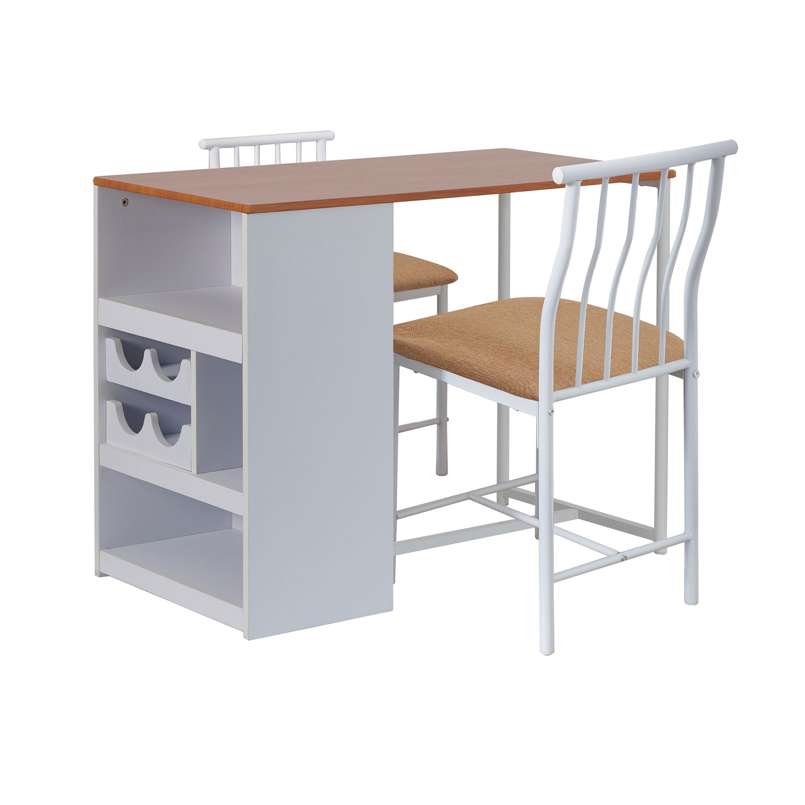 2 Seater Bistro Dining Set with Wine Rack White Cushioned Seat