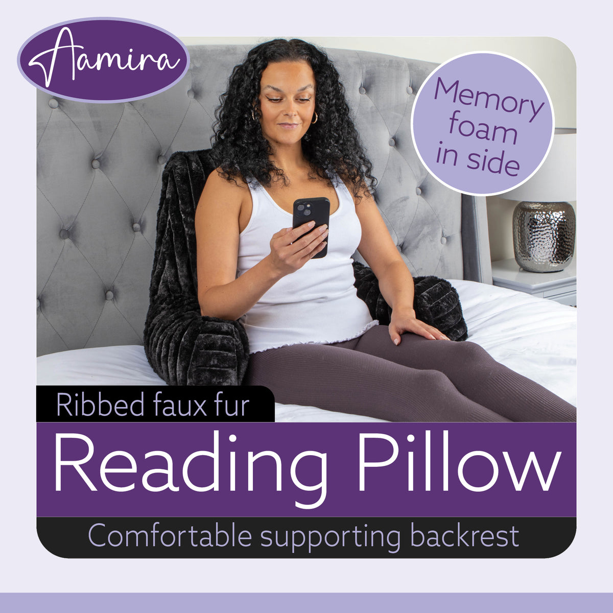 Deluxe Large Reading Pillow, Soft Ribbed Faux Fur, Shredded Memory Foam Cuddle Cuddle Cushion Backrest Arm Support | L | Black