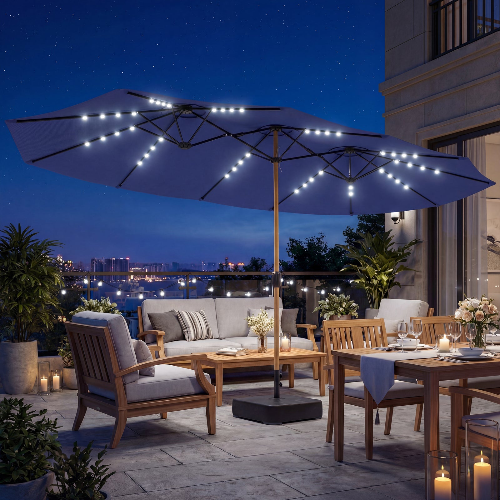 Outsunny Double Sided Garden Parasol With 48 Solar Led Lights 4.6m