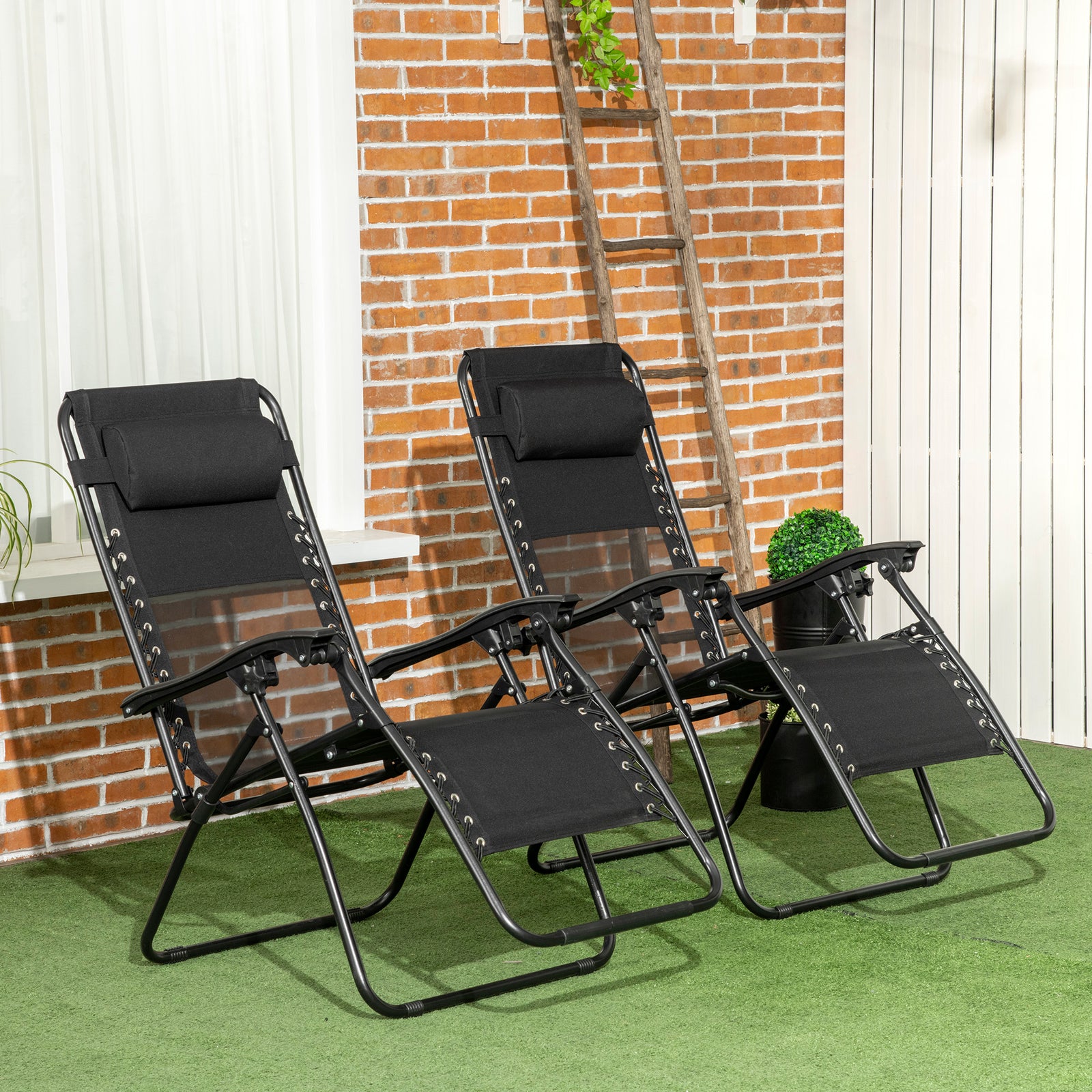 Foldable Garden Recliner Chair Set Of 2 W/ Footstool | Black