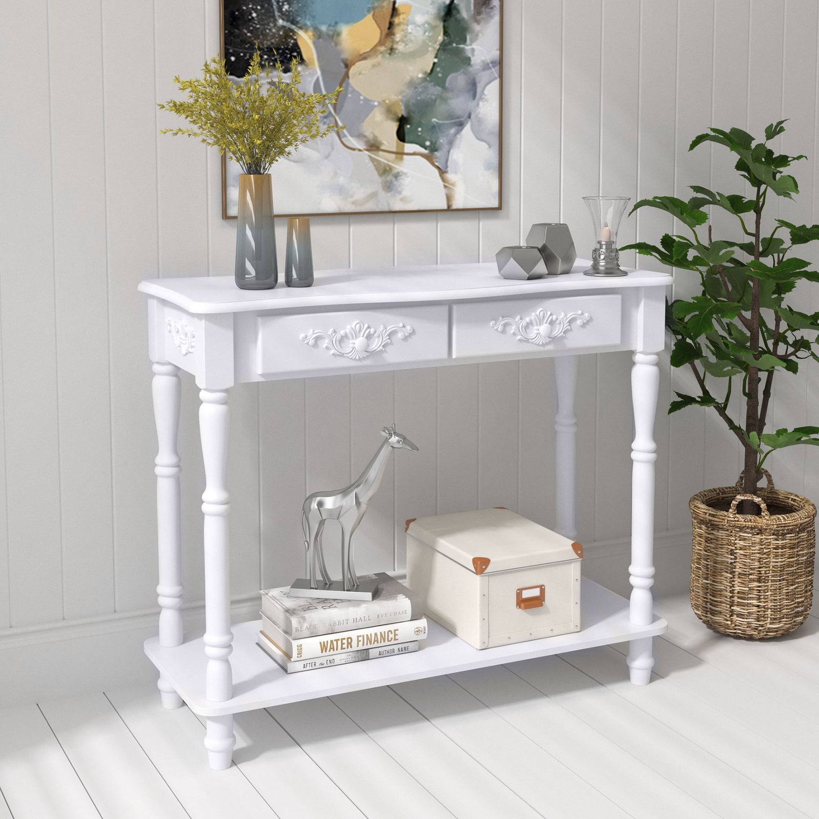 Wooden Console Table With Storage Shelf Two Drawers