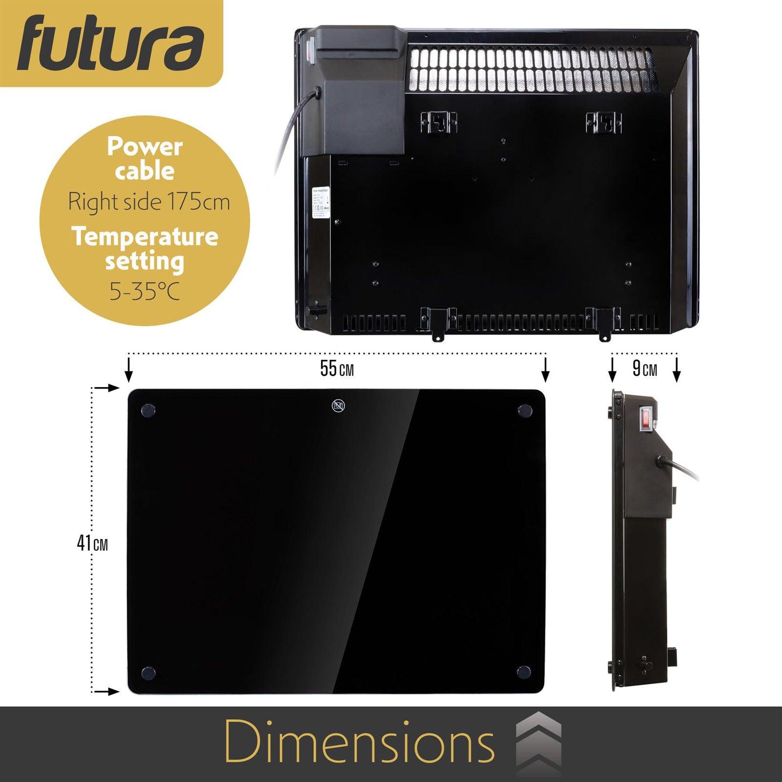 Electric Wifi Glass Radiator Panel Heater Black Wall Mounted Or Floor Standing Bathroom Safe, Timer And Thermostat | 1000w | Black