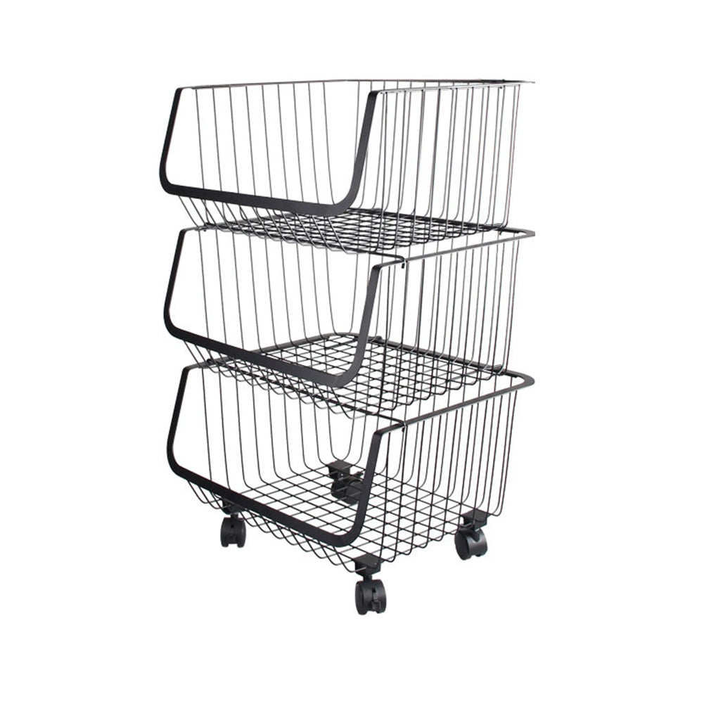3/4/5 Tier Stackable Rolling Metal Wire Basket Trolley Rack Fruit Vegetable Storage Holder For Kitchen | Small | Black