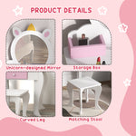 Kids Dressing Table With Mirror And Stool, Unicorn Design, For Ages 3-6 Years | White