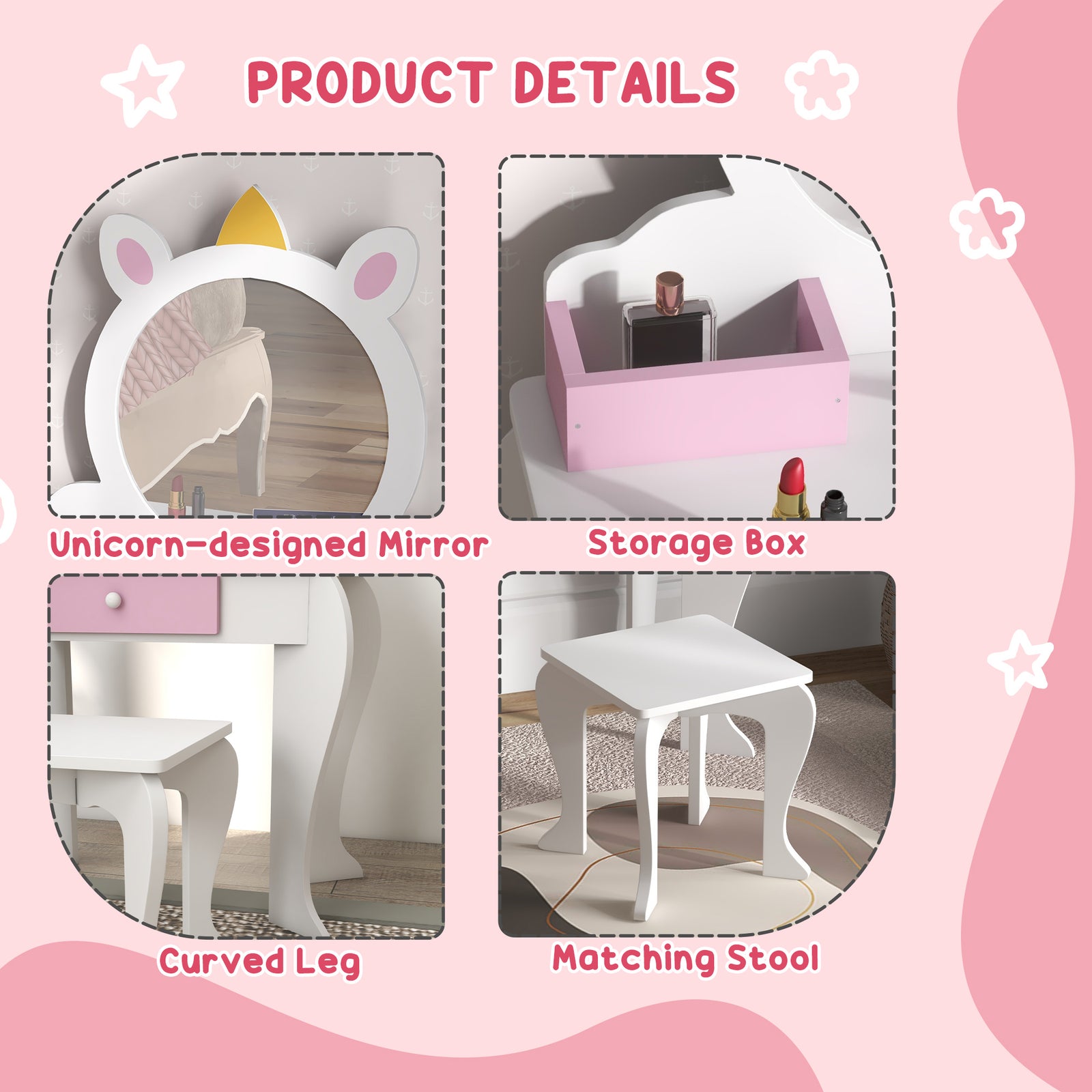 Kids Dressing Table With Mirror And Stool, Unicorn Design, For Ages 3-6 Years | White