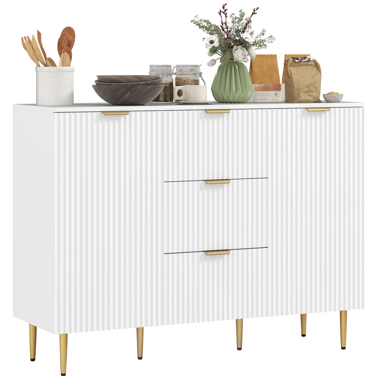 Sideboard Buffet Cabinet W/ 3 Drawers And Adjustable Shelves