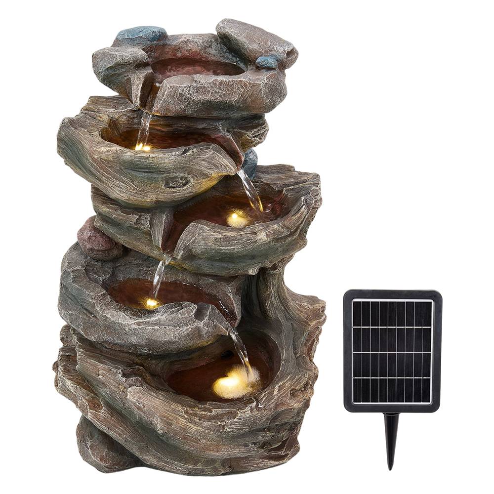 Tiered Wooden-effect Water Fountain With Warm Led – Solar Outdoor Garden Decor