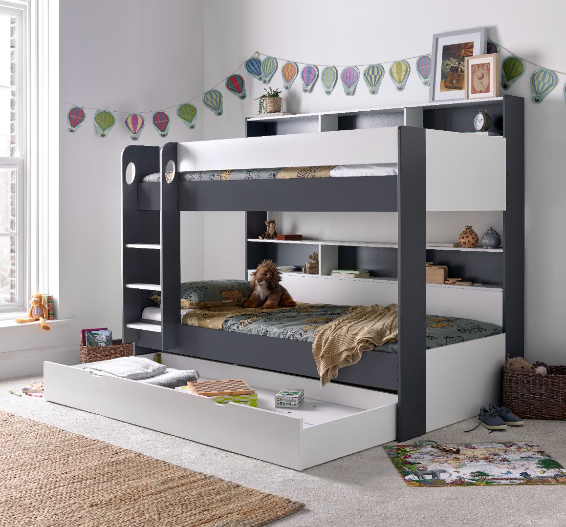 Olly Storage Bunk Bed Without Drawer With Spring Mattresses | Single | Grey