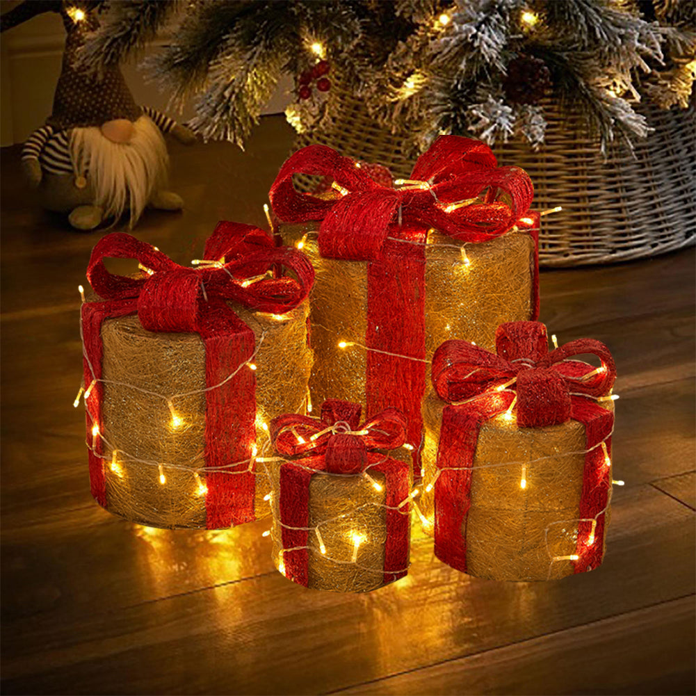 4pcs Christmas Gift Box Decorations With Led String Lights | Gold