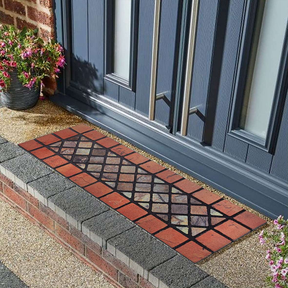 Elegant Tile Effect Narrow Step Doormat - Red Edge | Set of 4 | Red