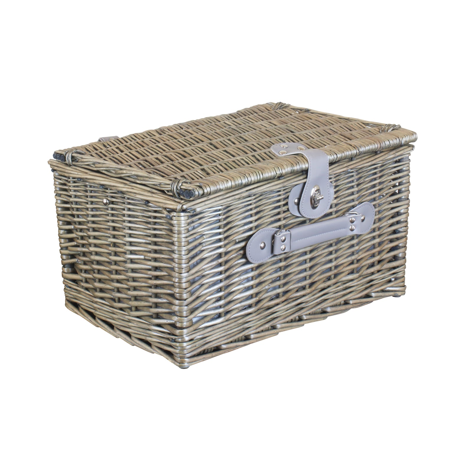 Grey Checked Picnic Wicker Basket With Cooler | 4-Person | Gray
