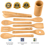 BlauKe Wooden Kitchen Utensils Set Of 8 - Non-stick Bamboo Cooking Utensils - Wooden Spatulas, Wooden Spoons, Tong, Utensil Holder