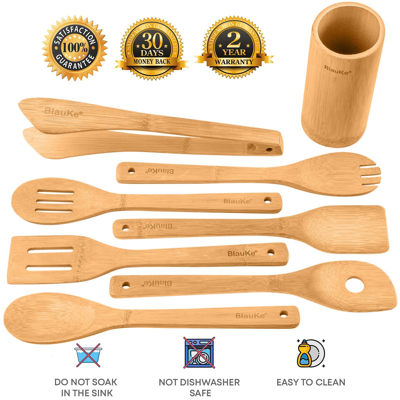 BlauKe Wooden Kitchen Utensils Set Of 8 - Non-stick Bamboo Cooking Utensils - Wooden Spatulas, Wooden Spoons, Tong, Utensil Holder
