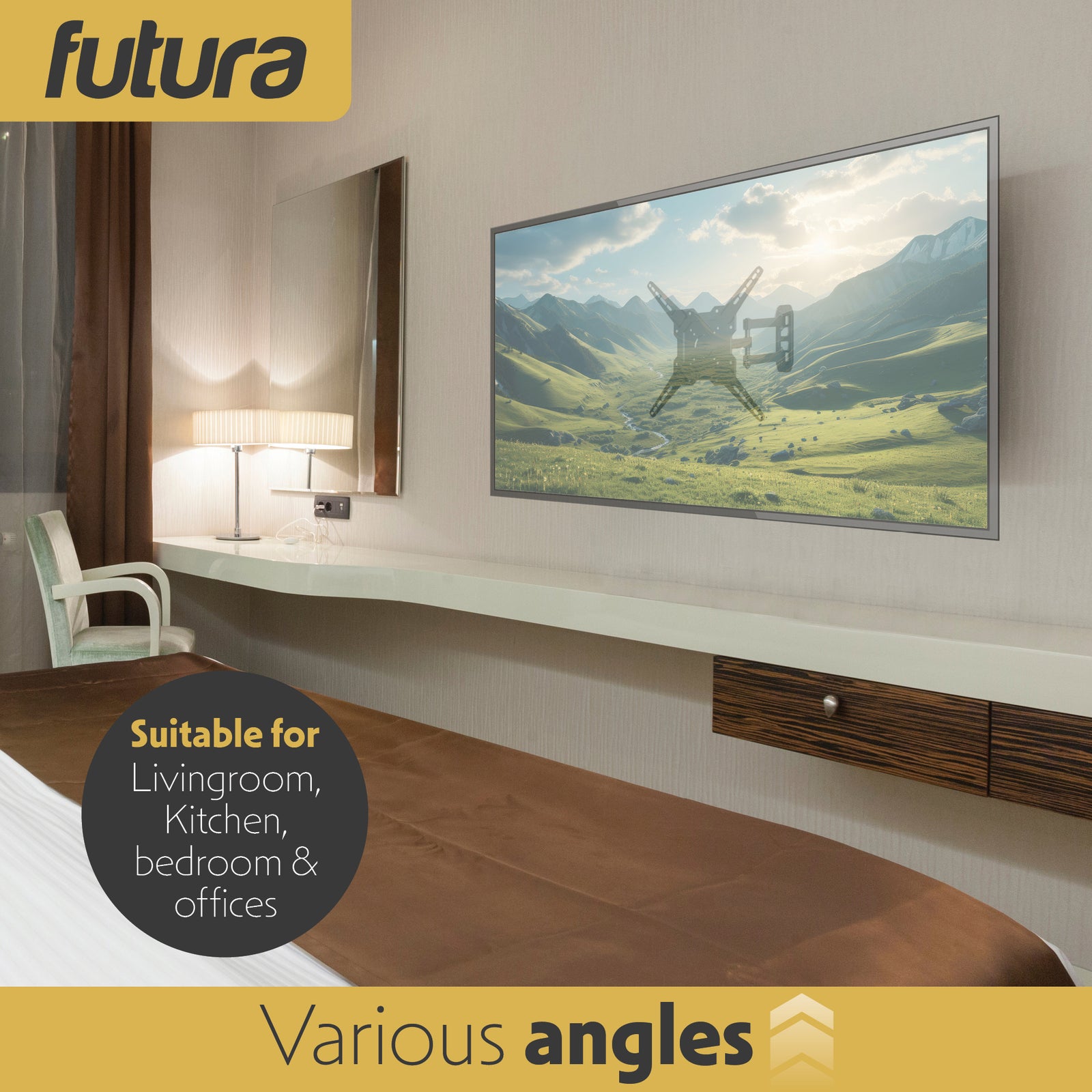 Universal Tv Wall Bracket Mount 26-60 Inch Tvs, Tilt, Swivel & 90 Rotation, Vesa 400mm X 400mm, 35kg Max Load Heavy Duty