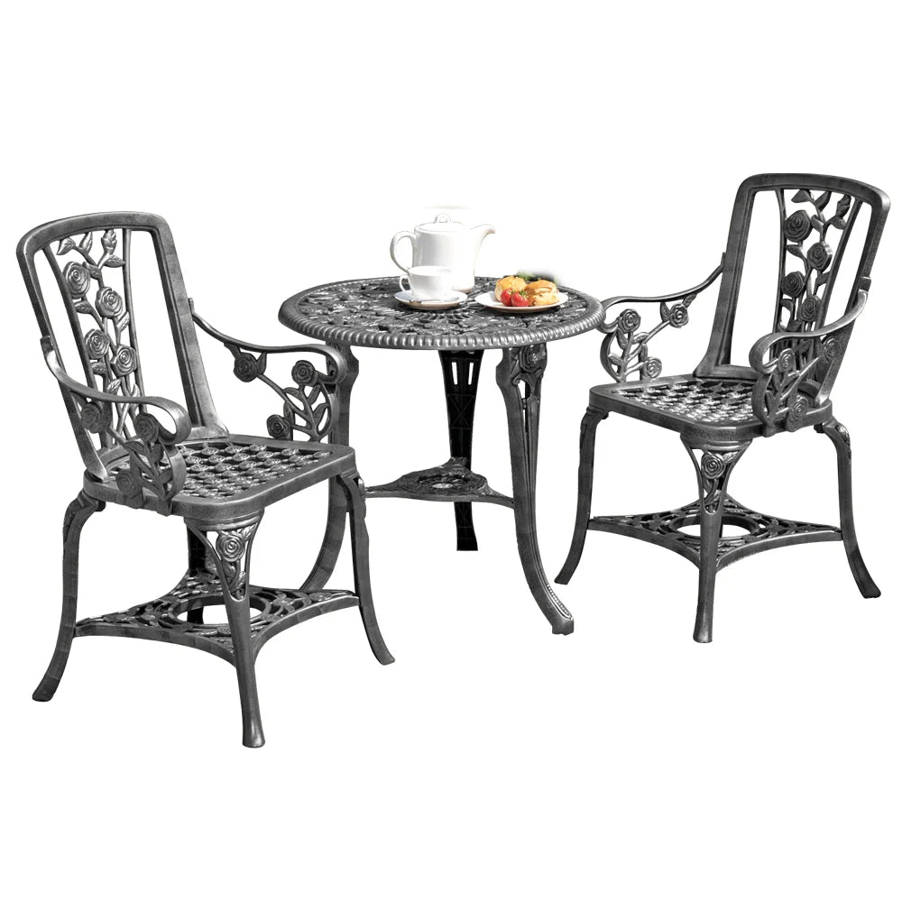 Rose Design Three Piece Bistro Set | Pewter