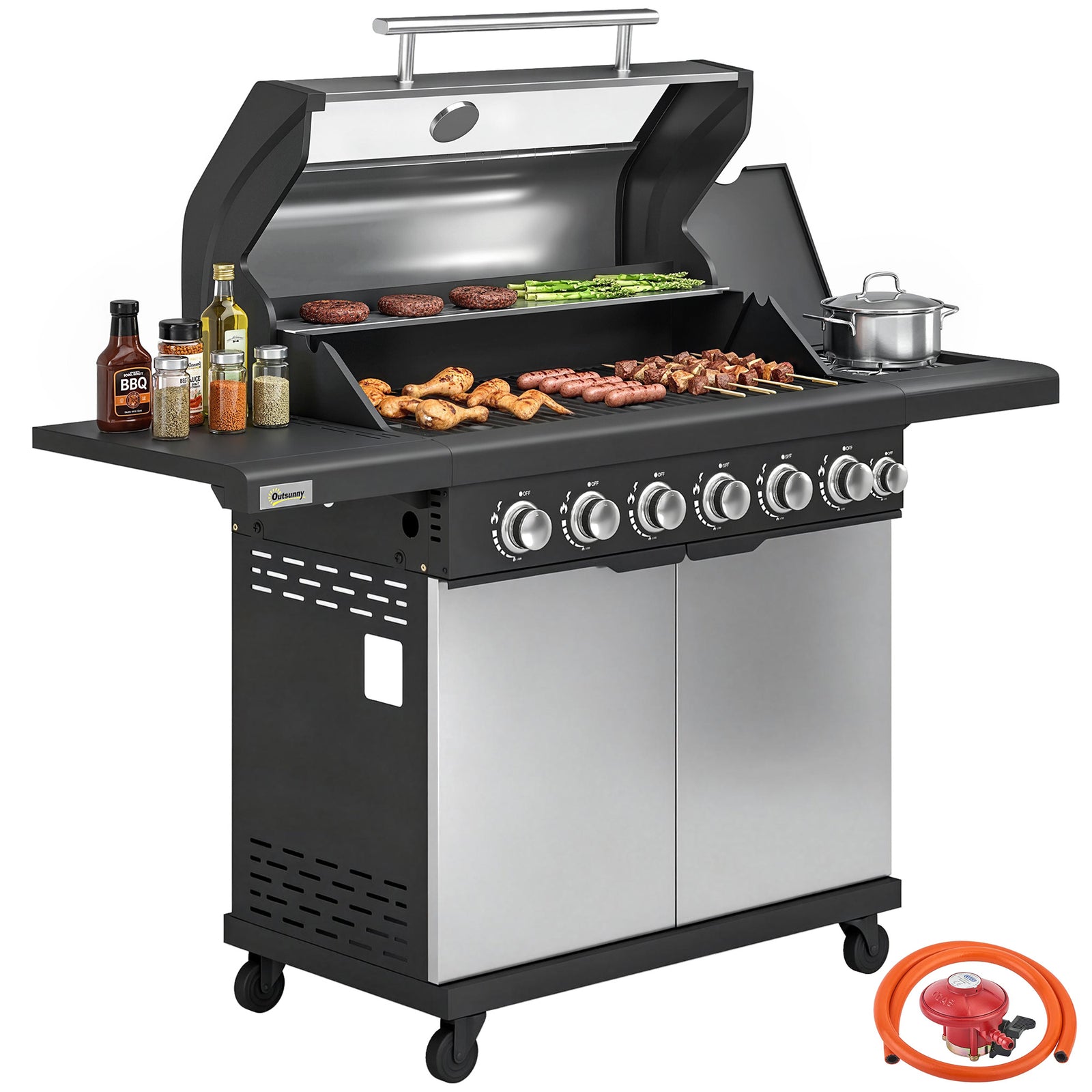 6+1 Burner Gas Bbq Grill, Barbecue Grill With Warming Rack | Silver