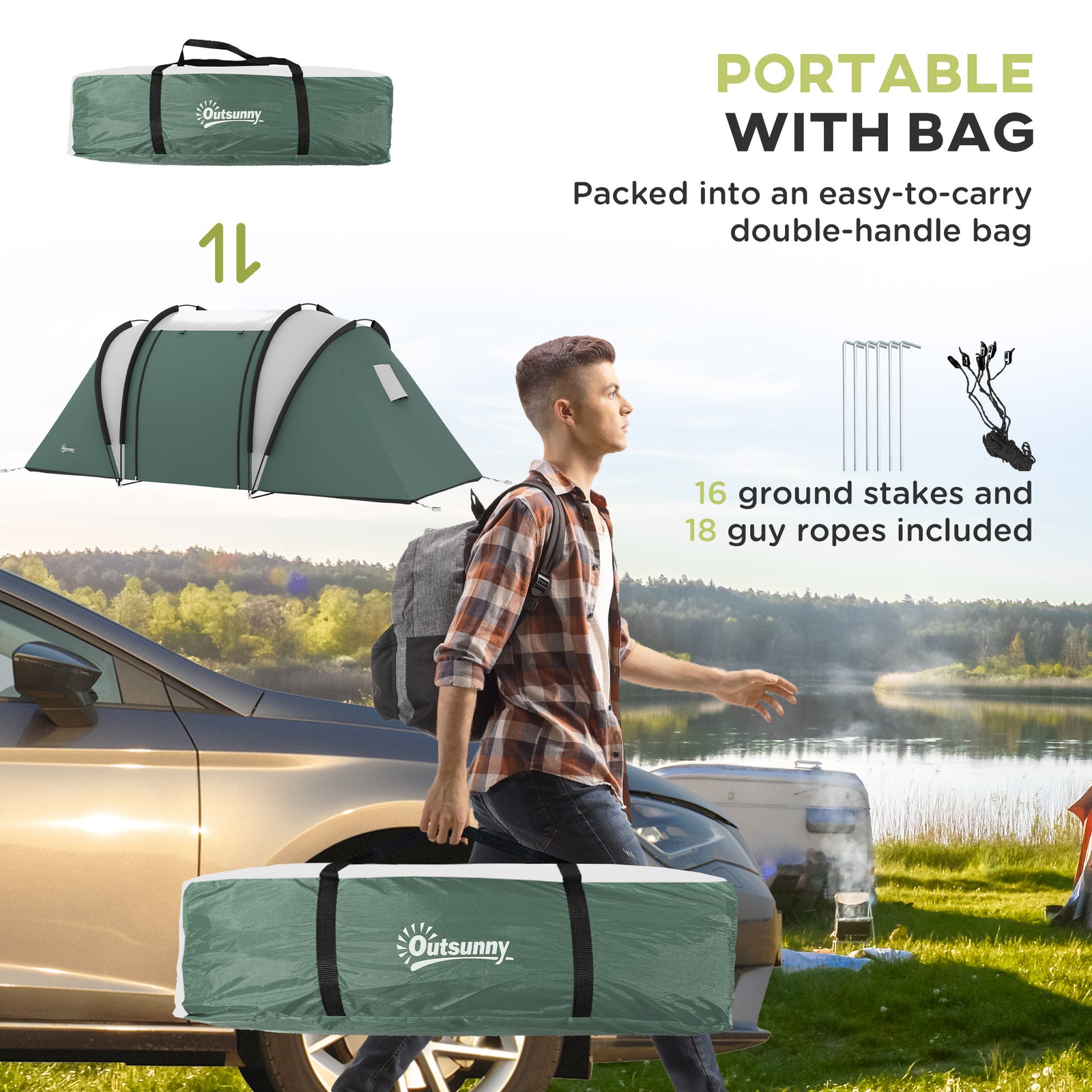 2 Bedroom Camping Tent With Living Area, 3000mm Waterproof | Green