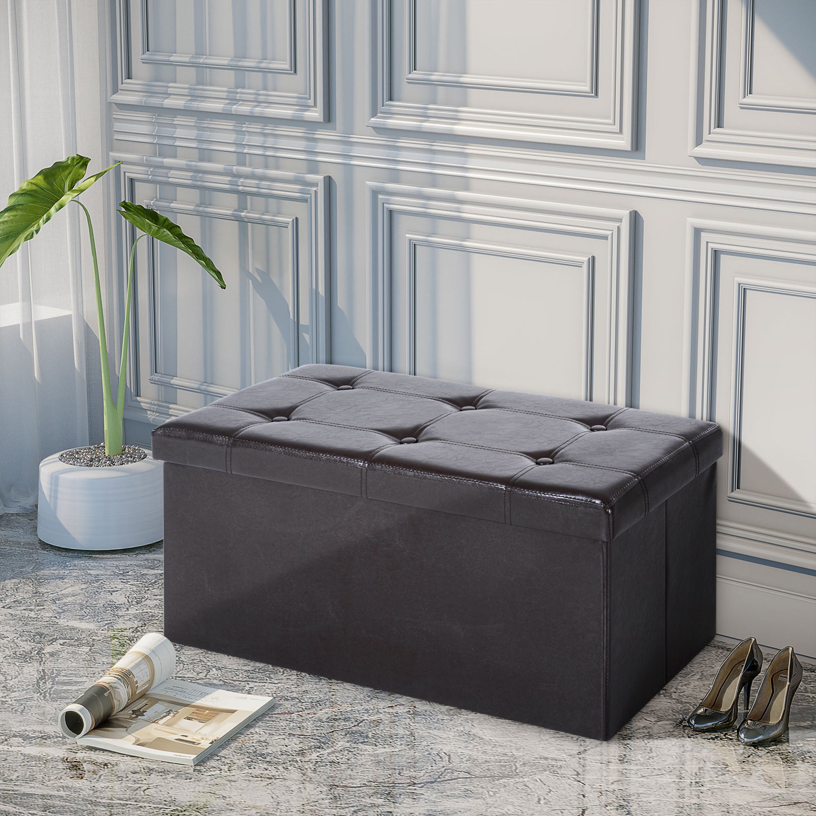Pu Leather Storage Bench, Tufted Footrest | Brown