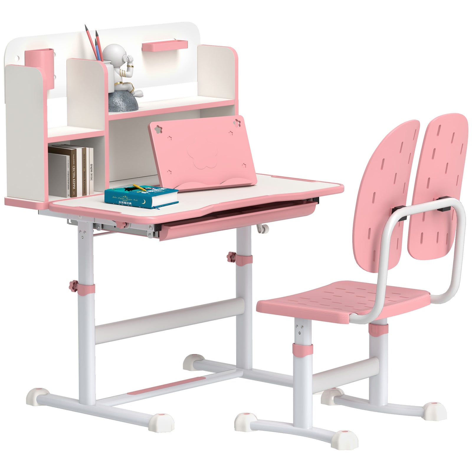Kids Desk And Chair Set W/ Tiltable Desktop Reading Rack | Pink
