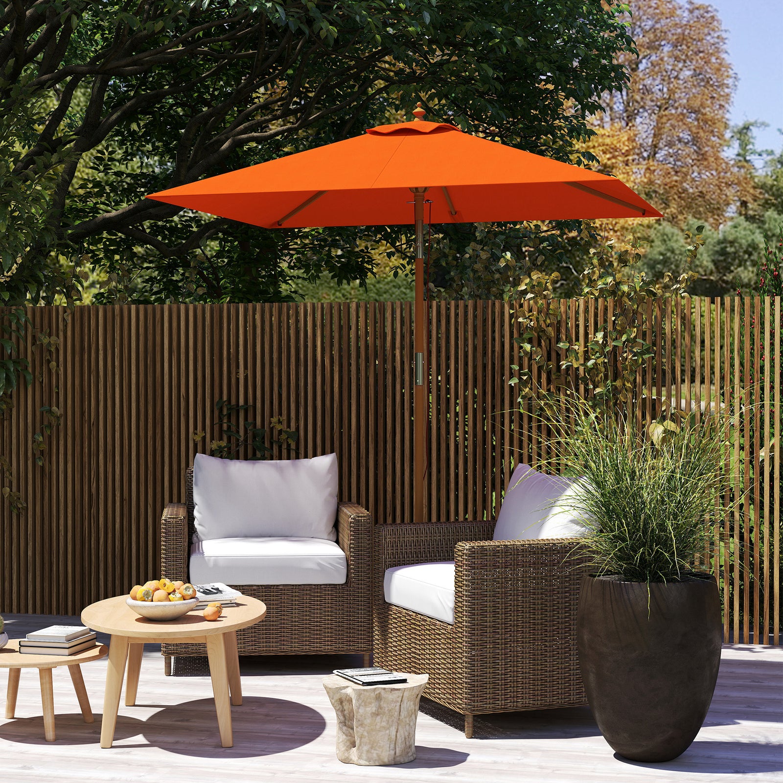 Wooden Patio Umbrella Market Parasol Outdoor Sunshade Orange