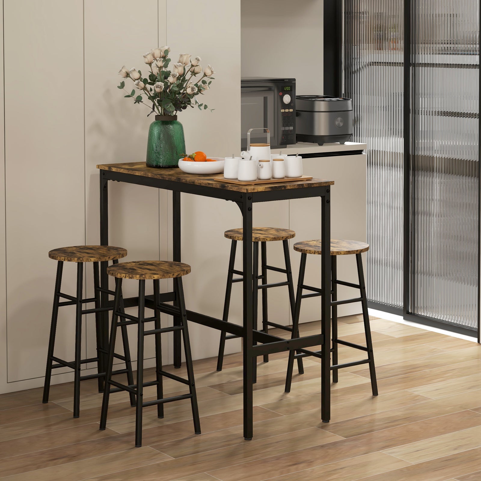 Bar Table And Stool Set Kitchen Table With 2/4 Stools | Set of 5 | Brown