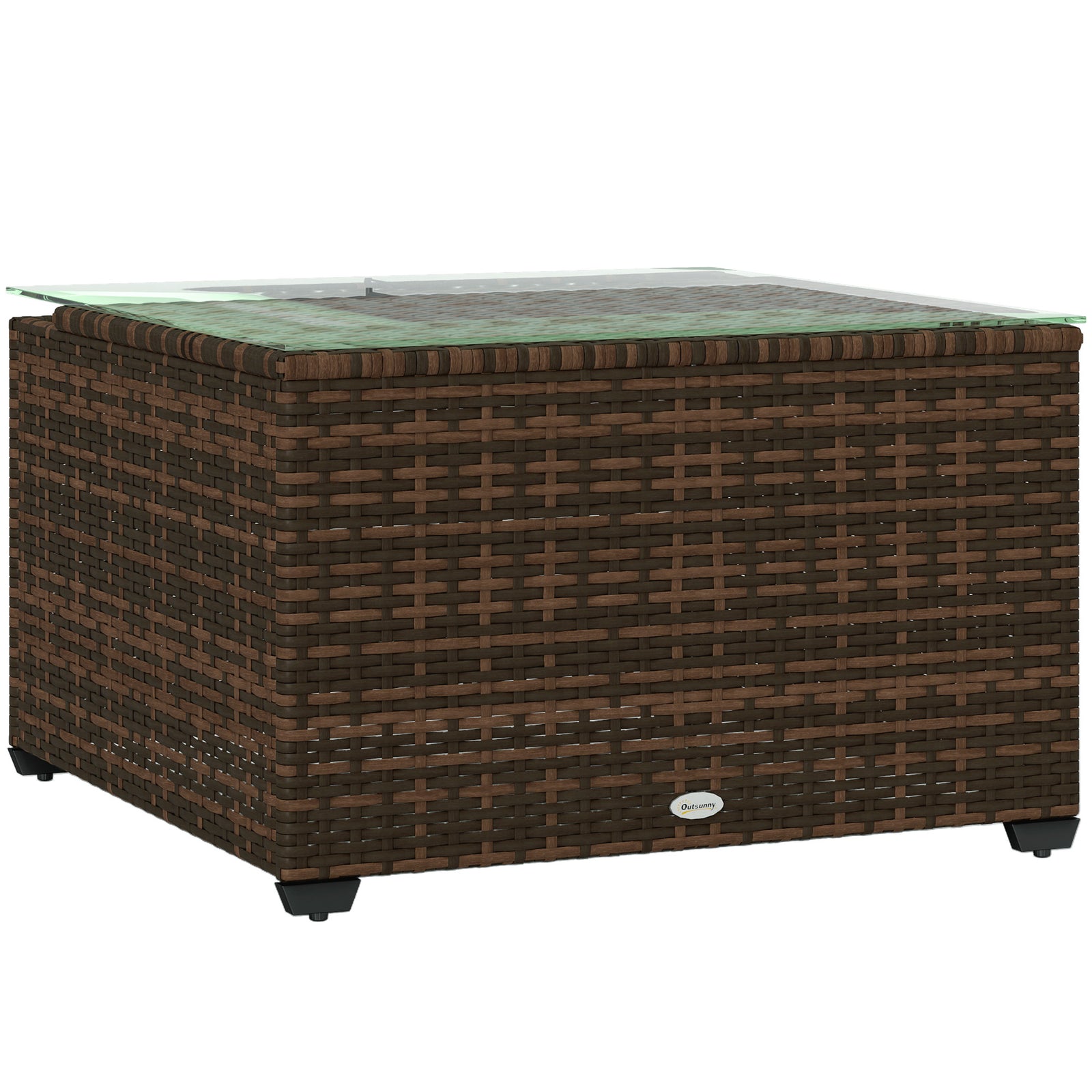 Outdoor Coffee Table W/ Glass Top, Rattan Side Table | Brown