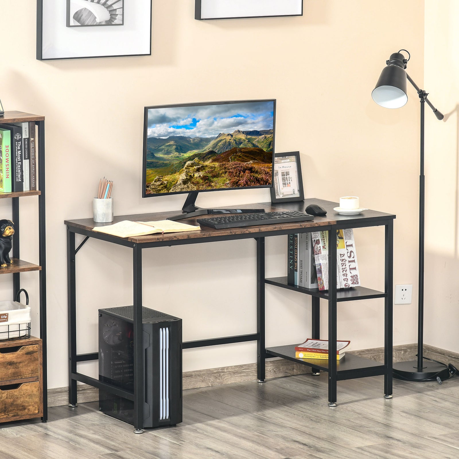 Home Office Desk For Study, Writing With 2 Storage Shelves