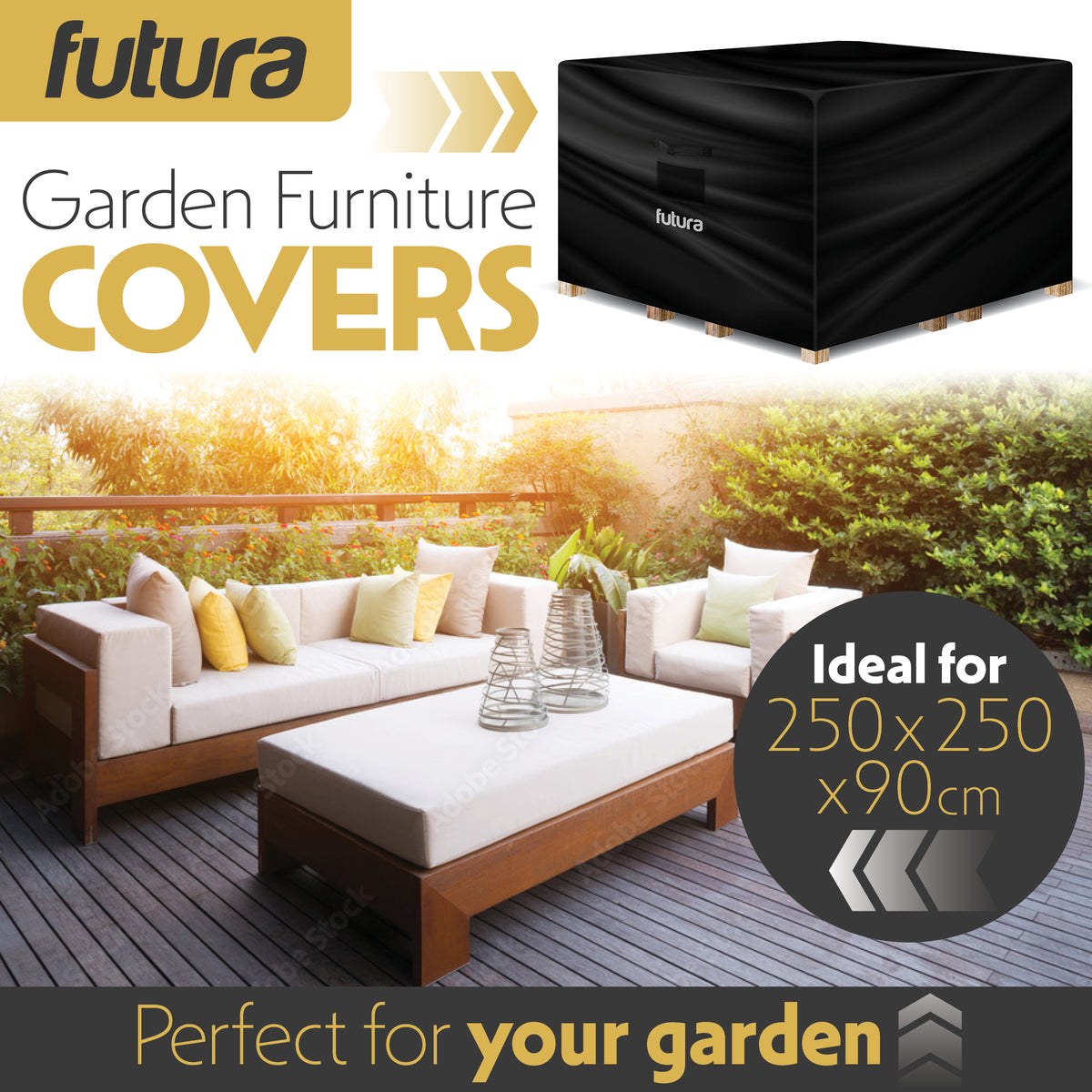 Premium Square Waterproof Garden Furniture Cover, Outdoor Patio Weatherproof Rattan Sofa Guard Cover | 250 x 250 x 90cm | Black