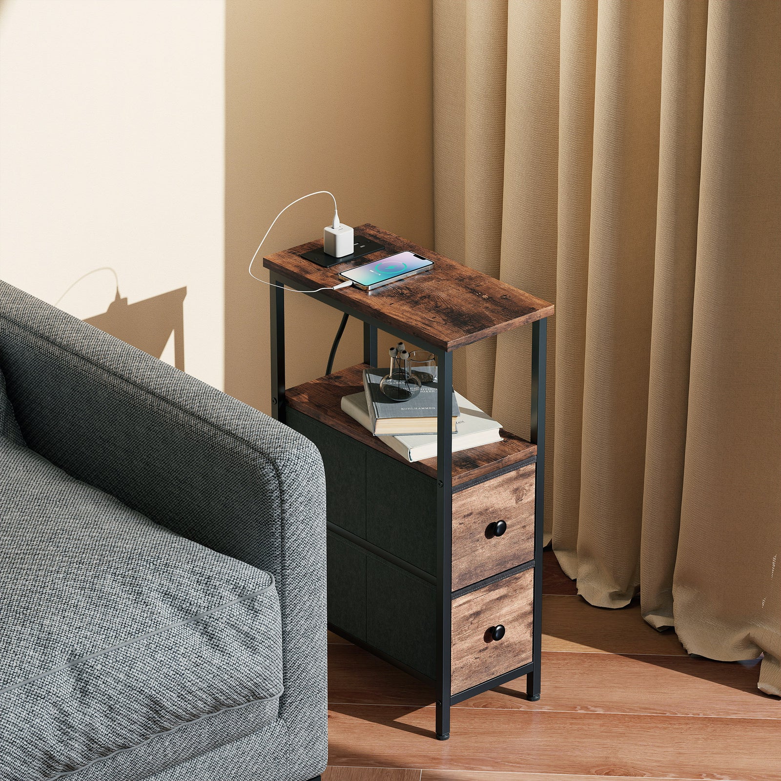 HOMCOM Side Table, Narrow Bedside Table With Charging Station, 2 Drawers