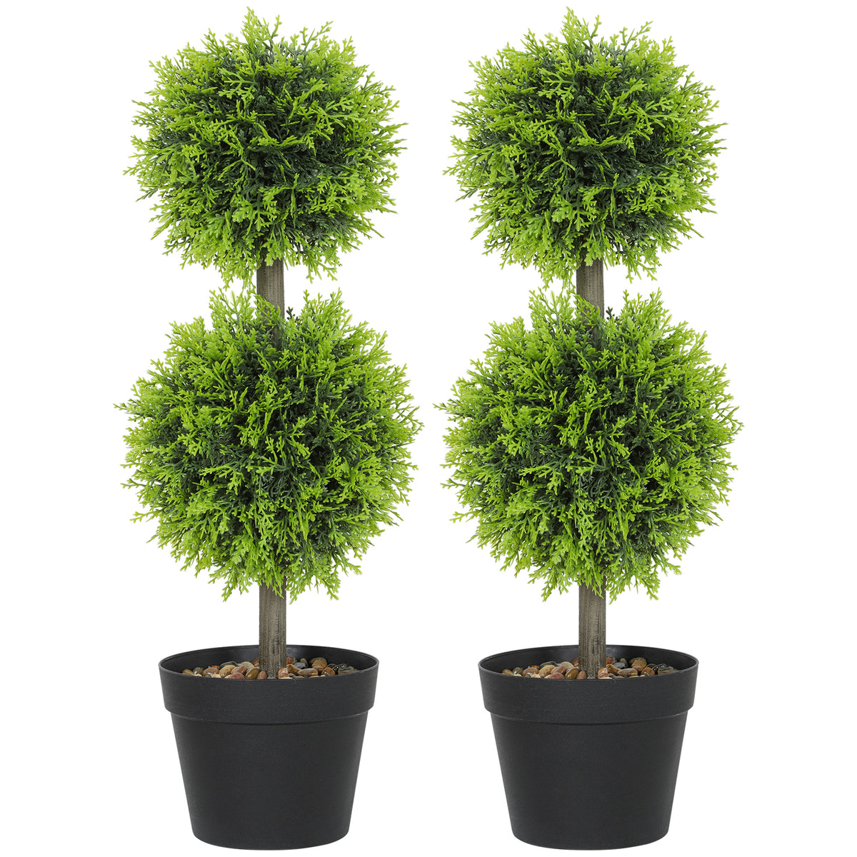 HOMCOM Set Of 2 Artificial Topiary Cypress Ball Trees With Pot And Pebbles