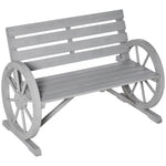 2 Seater Garden Bench W/ Wooden Cart Wagon Wheel Rustic Back | Charcoal Gray