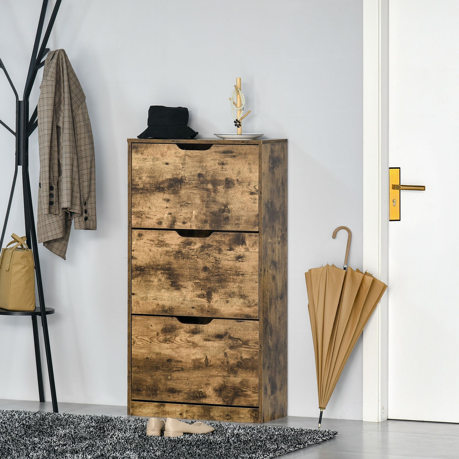 2/3 Drawer Shoe Cabinet Industrial Shoe Cupboard Flip Door | Large | Brown